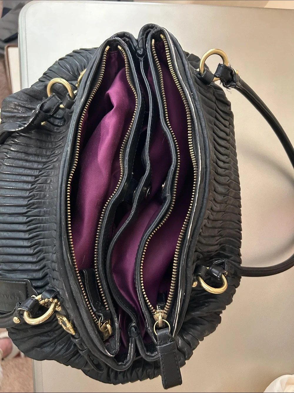 Coach Black Ruched Leather Shoulder Bag with Gold Hardware